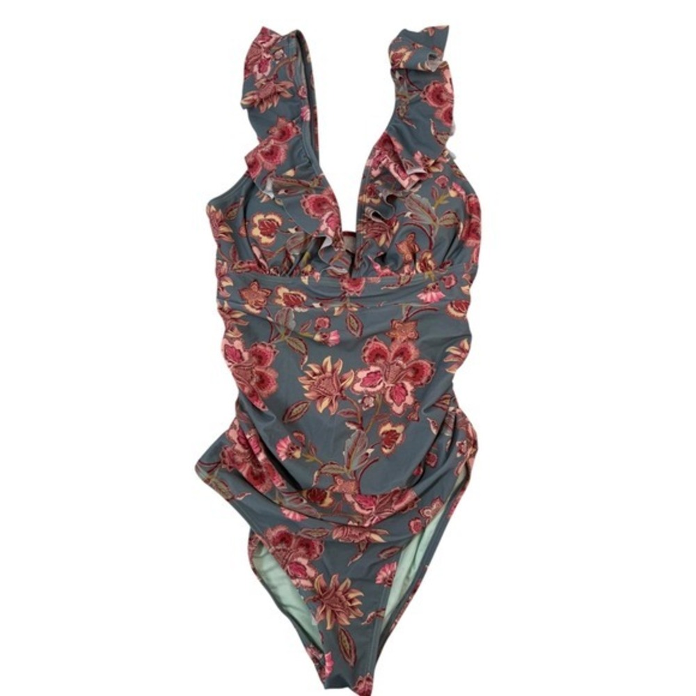 Cupshe NWT Eucalyptus Floral Flutter Sleeve Lace Up One Piece Swimsuit M - Picture 3 of 11